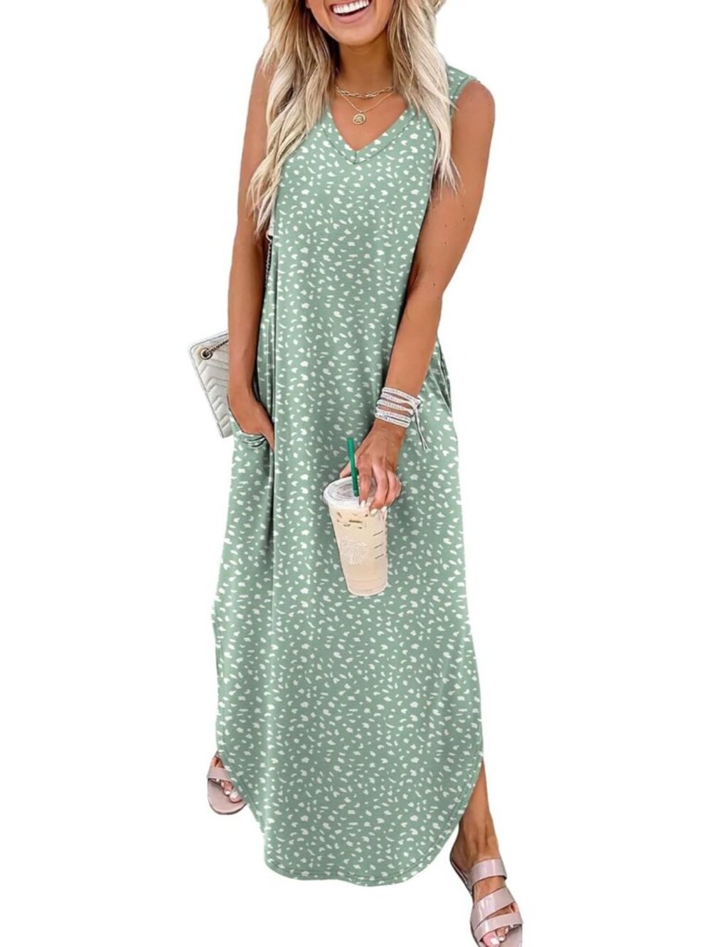Women's Floral Green Wave Point Summer Maxi Dress Beach Sundress with Pocket